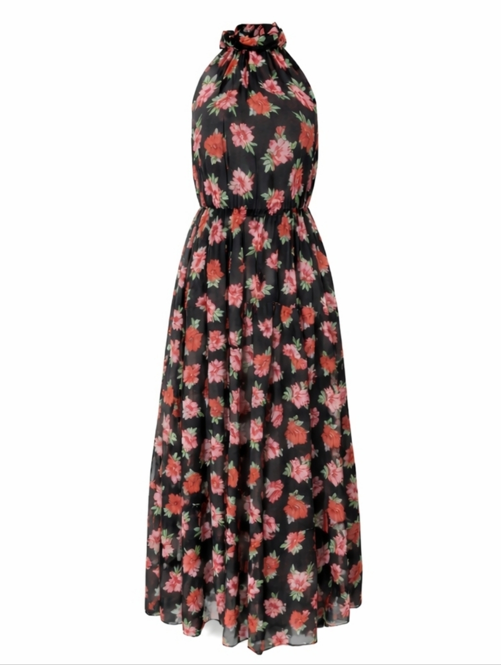 Lulu’s Black Floral Halter Maxi Dress Size Small Open Back Flowy Boho
